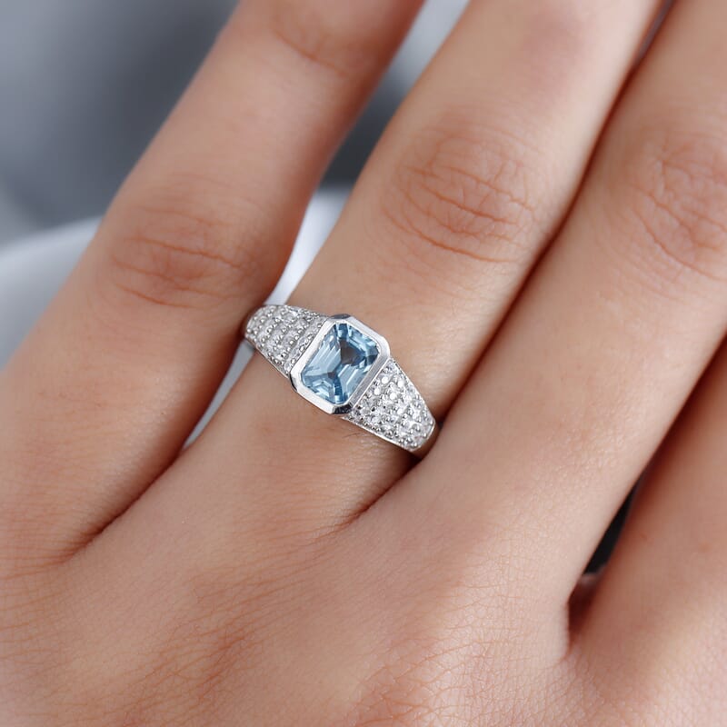Cambodian Blue Zircon and White Zircon 1.70 ctw Ring in Platinum Over Sterling Silver (Size 5.5)