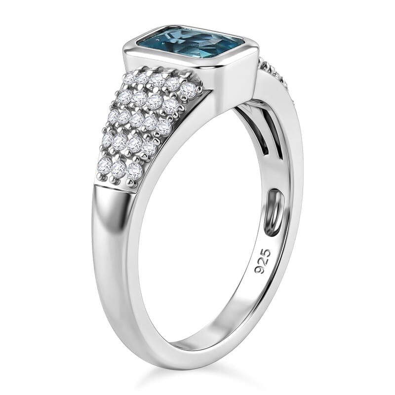 Cambodian Blue Zircon and White Zircon 1.70 ctw Ring in Platinum Over Sterling Silver (Size 5.5)