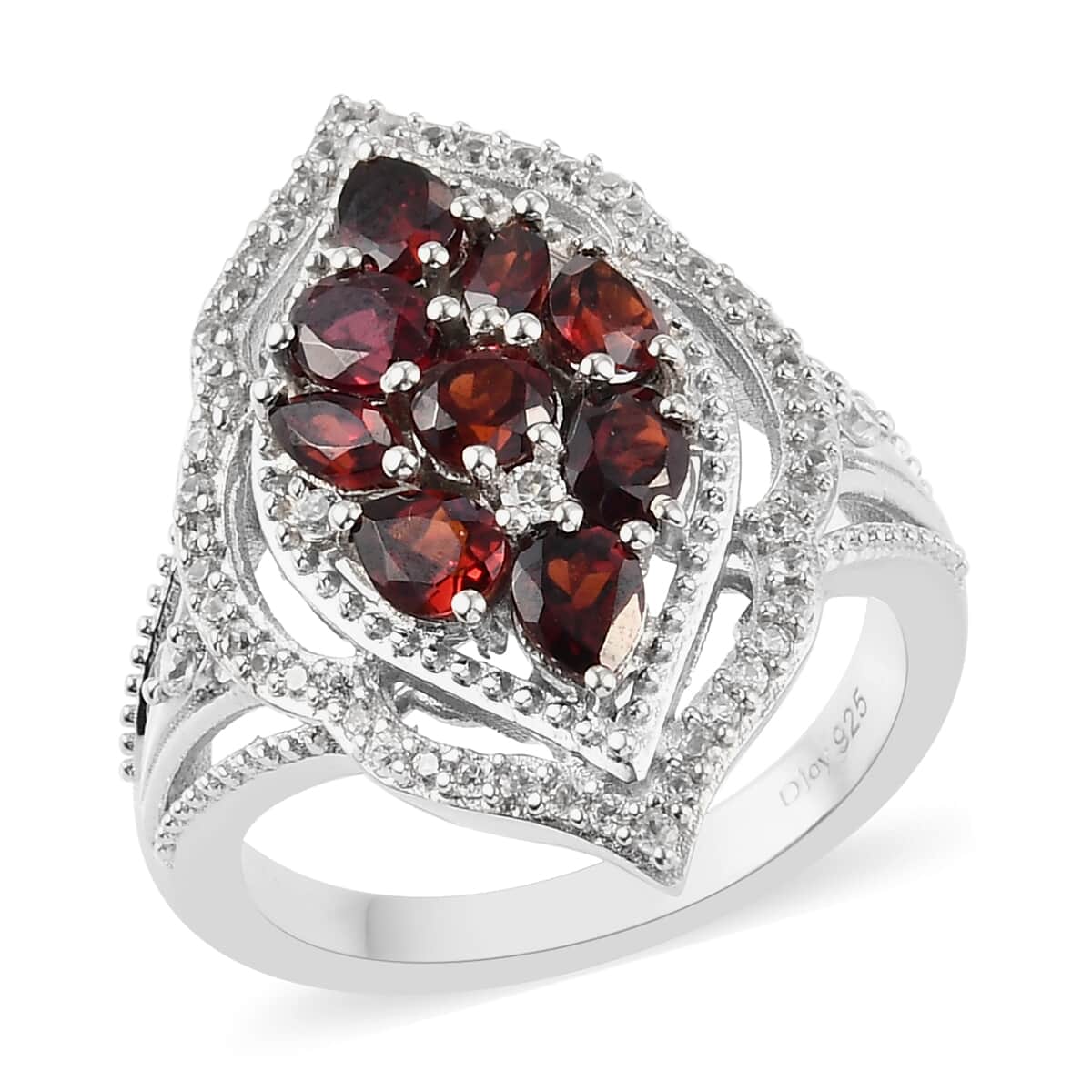 Mozambique Garnet, Natural White Zircon Cluster Ring in Platinum Over Sterling Silver (Size 9.0) 2.25 ctw image number 0