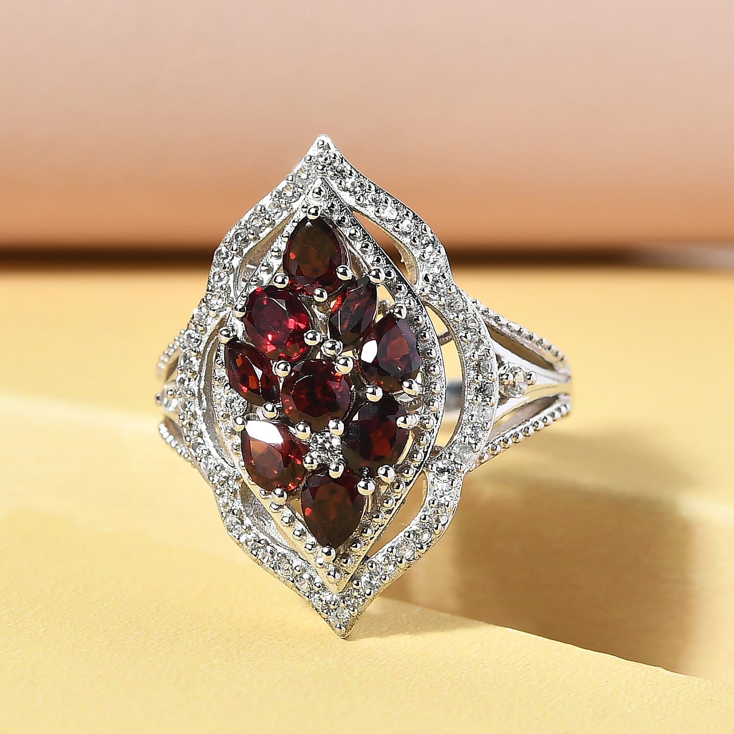 Mozambique Garnet and White Zircon Floral Statement Cocktail Cluster Ring in Platinum Over Sterling Silver (Size 6.0) 2.25 ctw