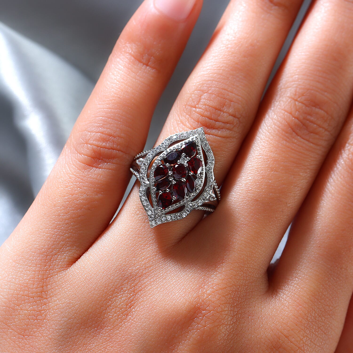 Mozambique Garnet and White Zircon Floral Statement Cocktail Cluster Ring in Platinum Over Sterling Silver (Size 6.0) 2.25 ctw