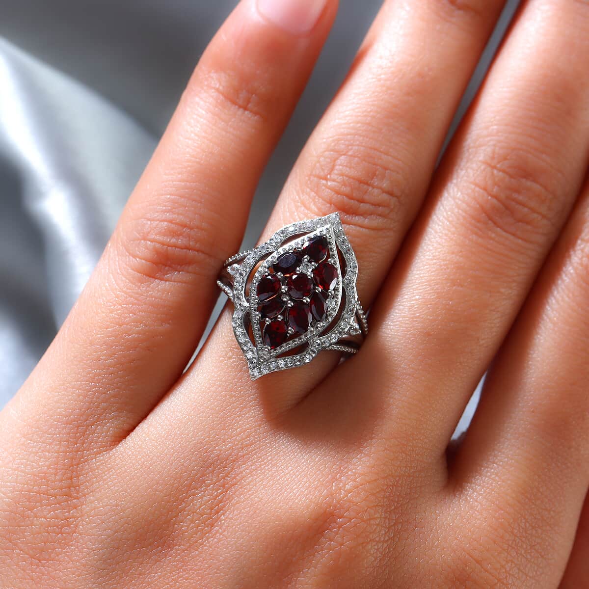 Mozambique Garnet, Natural White Zircon Cluster Ring in Platinum Over Sterling Silver (Size 9.0) 2.25 ctw image number 2