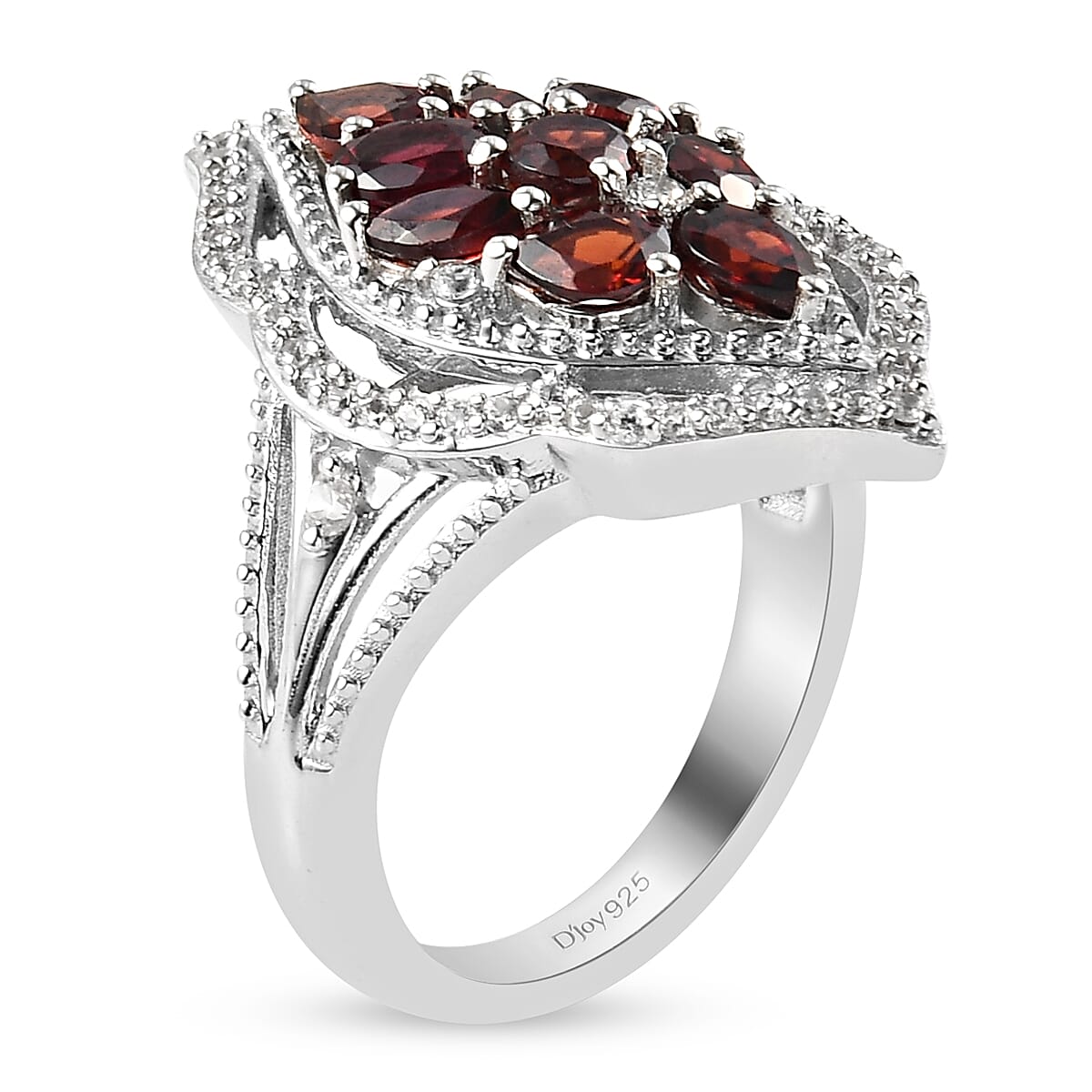 Mozambique Garnet and White Zircon Floral Statement Cocktail Cluster Ring in Platinum Over Sterling Silver (Size 6.0) 2.25 ctw