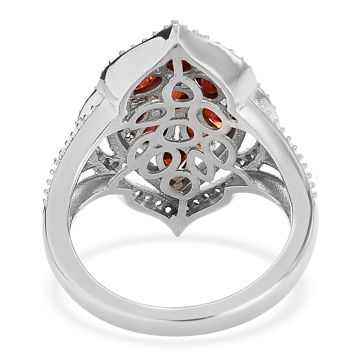 Mozambique Garnet and White Zircon Floral Statement Cocktail Cluster Ring in Platinum Over Sterling Silver (Size 6.0) 2.25 ctw