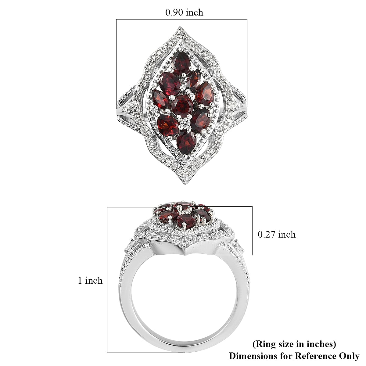 Mozambique Garnet and White Zircon Floral Statement Cocktail Cluster Ring in Platinum Over Sterling Silver (Size 6.0) 2.25 ctw