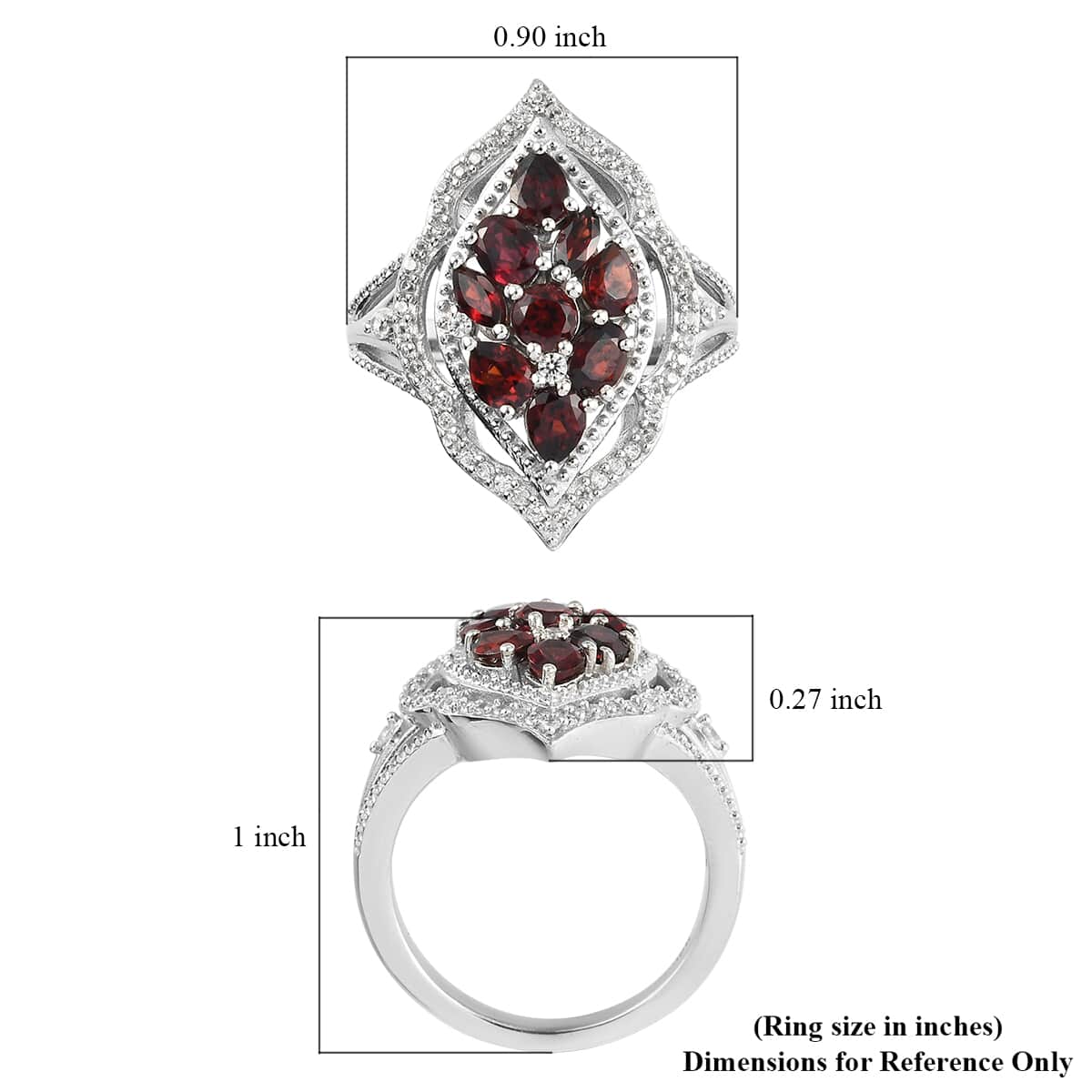 Mozambique Garnet, Natural White Zircon Cluster Ring in Platinum Over Sterling Silver (Size 9.0) 2.25 ctw image number 5