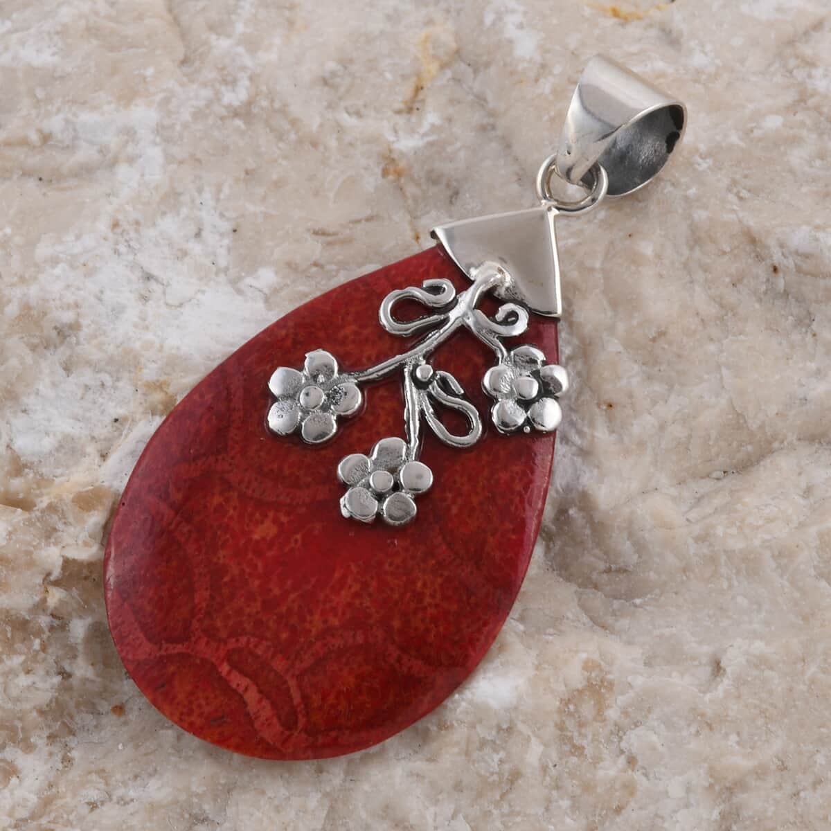 Red Coral Floral Pendant in Sterling Silver image number 1