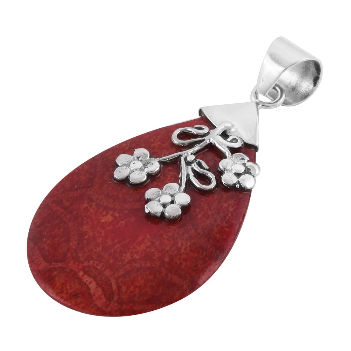 Red Coral Floral Pendant in Sterling Silver image number 2