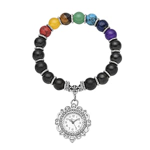 Genoa Japanese Movement Shungite and Seven Chakra Gemstone Beaded Stretch Bracelet Charm Watch 136.00 ctw