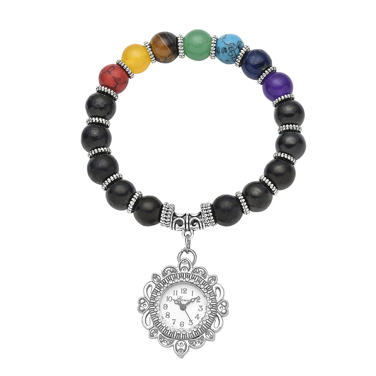 Genoa Japanese Movement Shungite and Seven Chakra Gemstone Beaded Stretch Bracelet Charm Watch 136.00 ctw image number 0