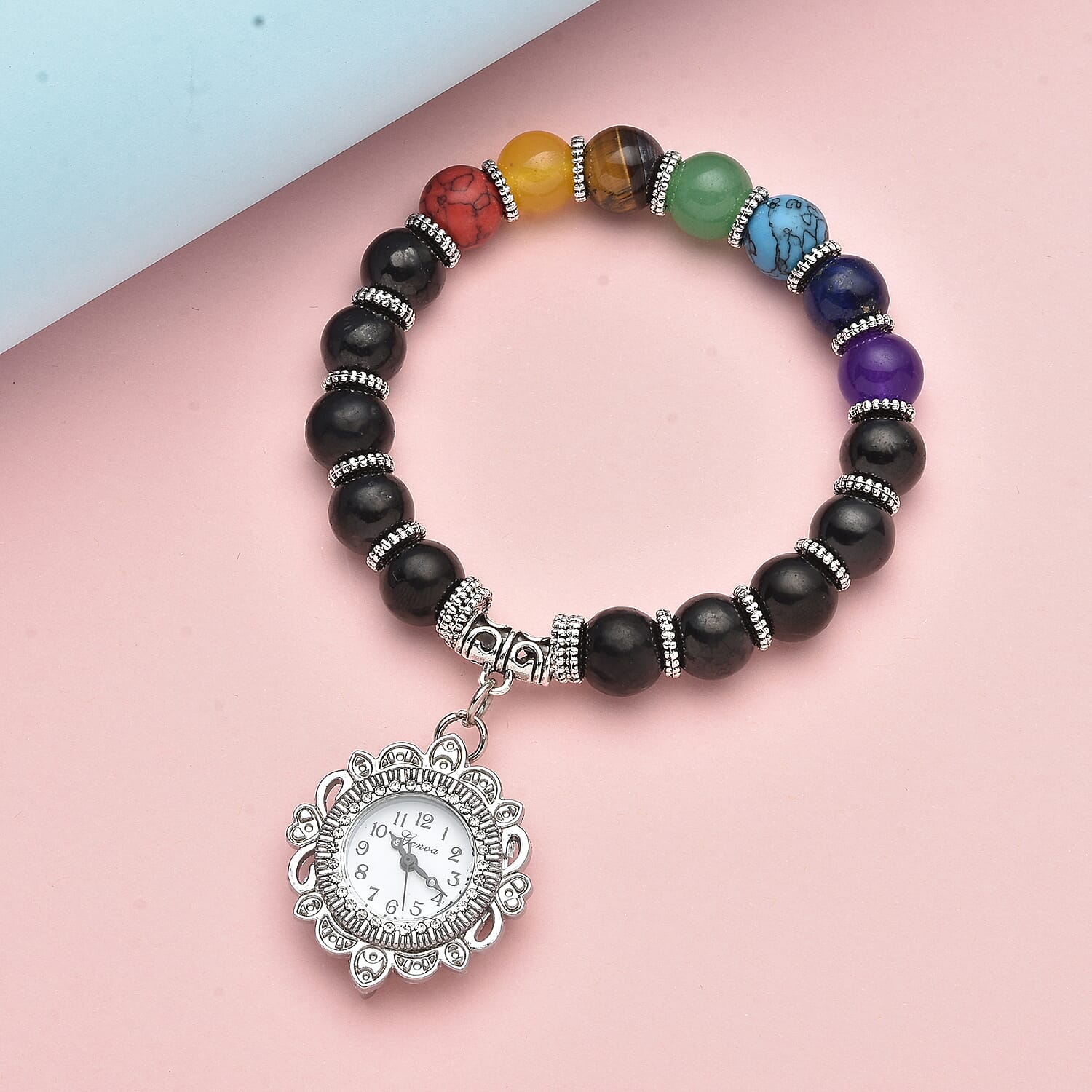 Genoa Japanese Movement Shungite and Seven Chakra Gemstone Beaded Stretch Bracelet Charm Watch 136.00 ctw