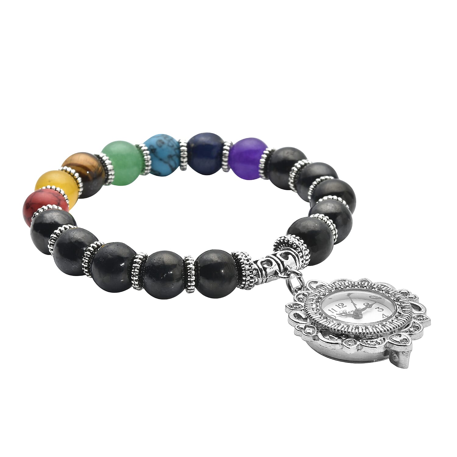 Genoa Japanese Movement Shungite and Seven Chakra Gemstone Beaded Stretch Bracelet Charm Watch 136.00 ctw