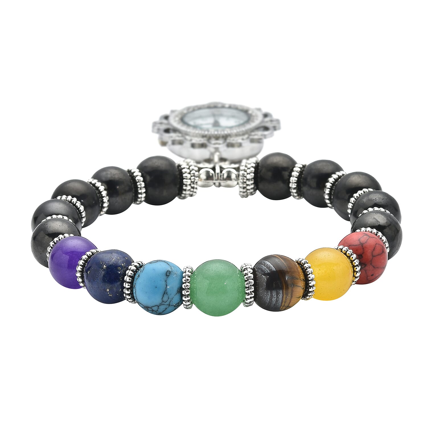 Genoa Japanese Movement Shungite and Seven Chakra Gemstone Beaded Stretch Bracelet Charm Watch 136.00 ctw