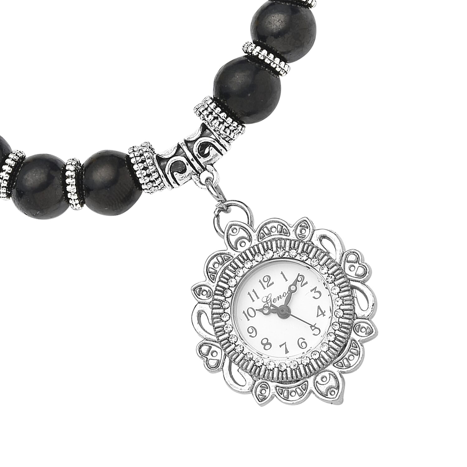 Genoa Japanese Movement Shungite and Seven Chakra Gemstone Beaded Stretch Bracelet Charm Watch 136.00 ctw
