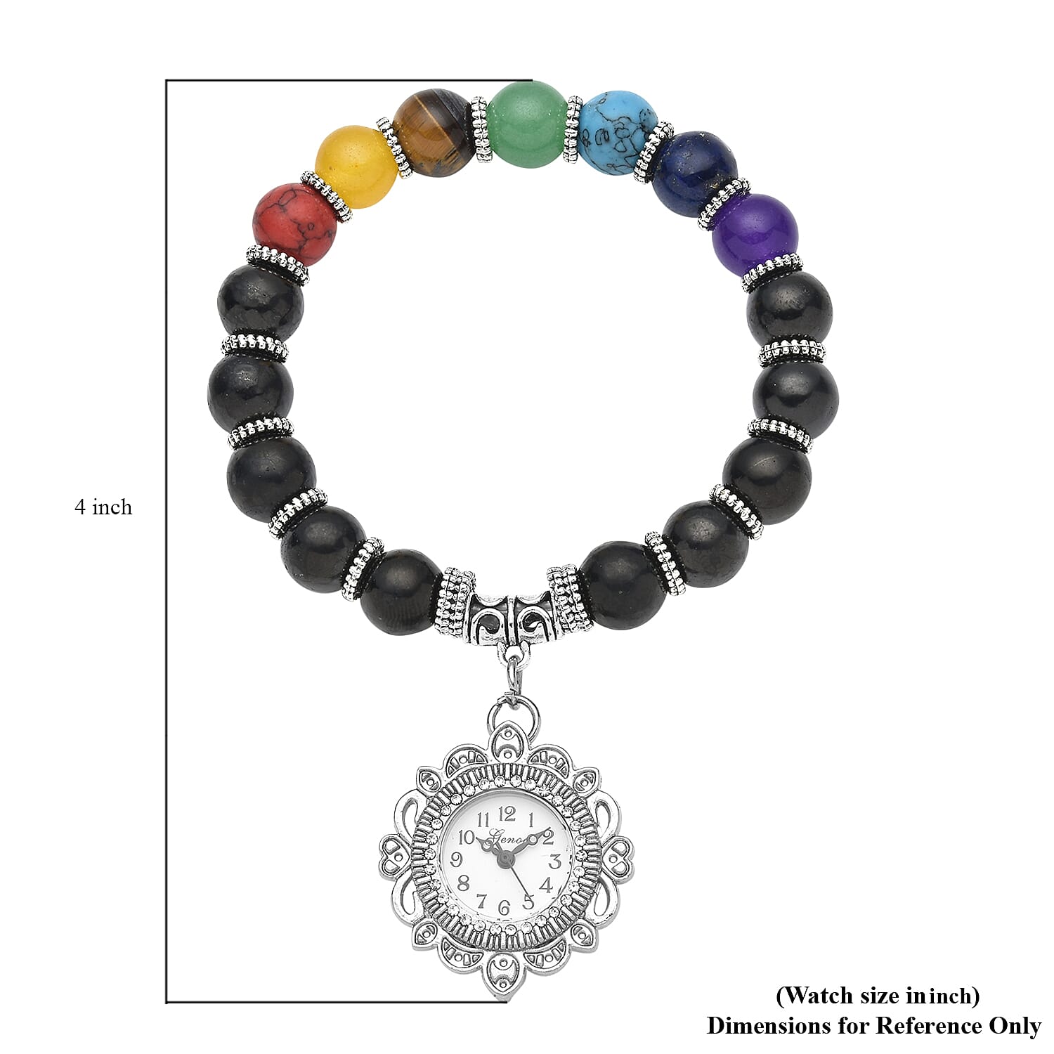 Genoa Japanese Movement Shungite and Seven Chakra Gemstone Beaded Stretch Bracelet Charm Watch 136.00 ctw