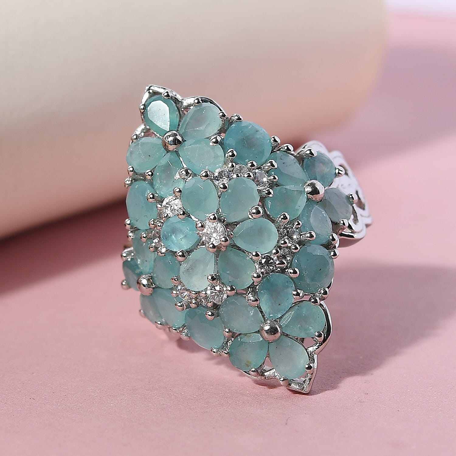 Grandidierite, Natural White Zircon Elongated Ring in Platinum Over Sterling Silver (Size 7.0) 5.20 ctw