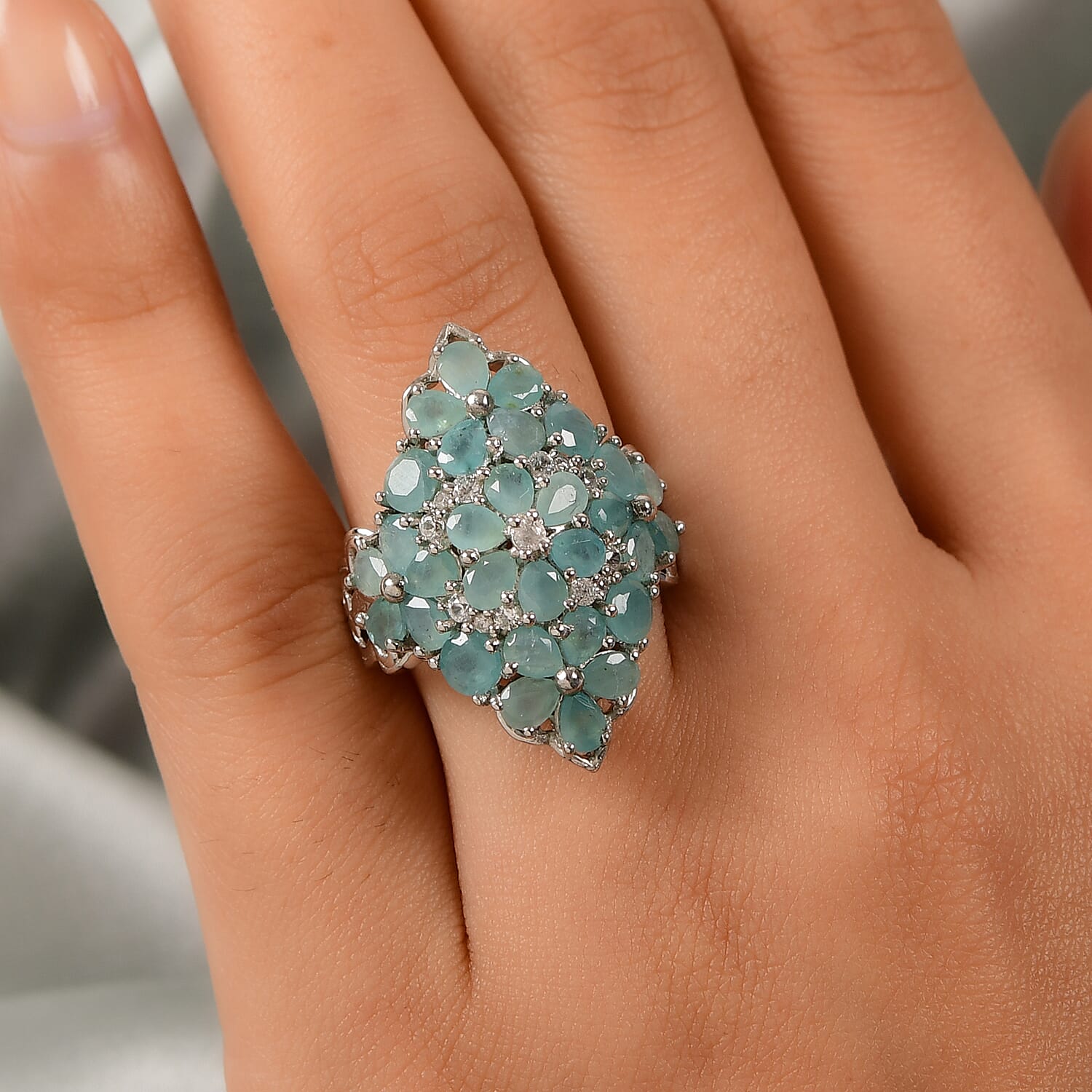 Grandidierite, Natural White Zircon Elongated Ring in Platinum Over Sterling Silver (Size 7.0) 5.20 ctw