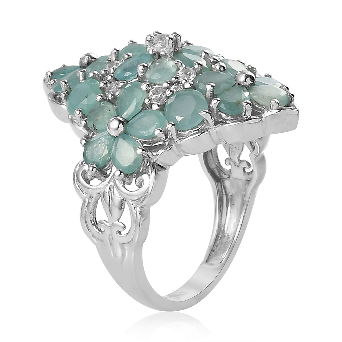 Grandidierite, Natural White Zircon Elongated Ring in Platinum Over Sterling Silver (Size 7.0) 5.20 ctw