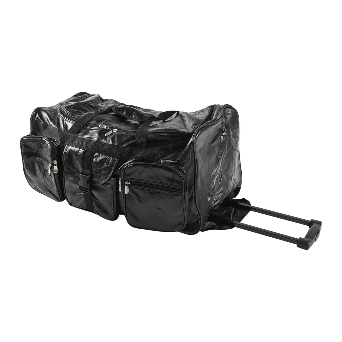 NY Closeout Black Genuine Leather Travel Duffel Bag with Telescopic Handle with wheels image number 1