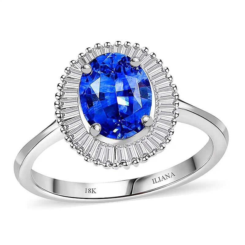 Iliana AAA Royal Ceylon Sapphire and G-H SI Diamond 1.75 ctw Halo Ring in 18K White Gold (Size 8.0)