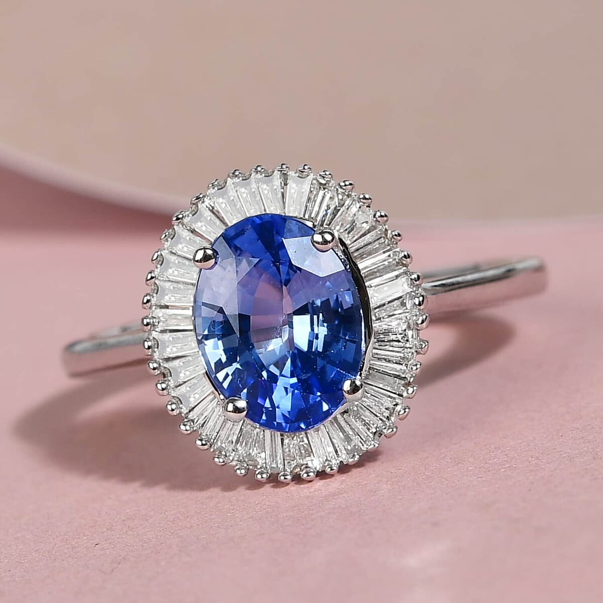 Iliana AAA Royal Ceylon Sapphire and G-H SI Diamond 1.75 ctw Halo Ring in 18K White Gold (Size 8.0) image number 1