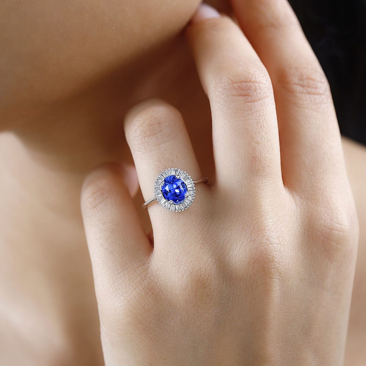 Iliana AAA Royal Ceylon Sapphire and G-H SI Diamond 1.75 ctw Halo Ring in 18K White Gold (Size 9.0) image number 2