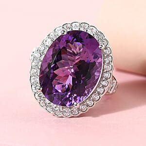 Mashamba Amethyst and Natural White Zircon Ring in Platinum Over Sterling Silver (Size 7.0) 7.20 Grams 18.65 ctw