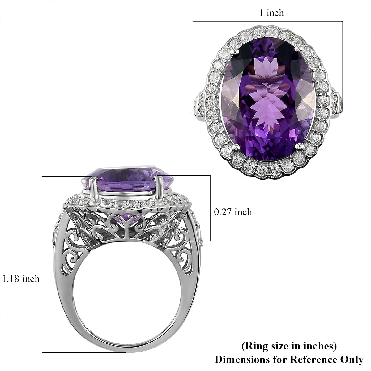 Mashamba Amethyst and Natural White Zircon Ring in Platinum Over Sterling Silver (Size 7.0) 7.20 Grams 18.65 ctw image number 5
