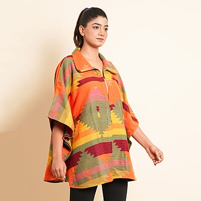 Tamsy Orange and Olive Jacquard Jacket - One Size Missy