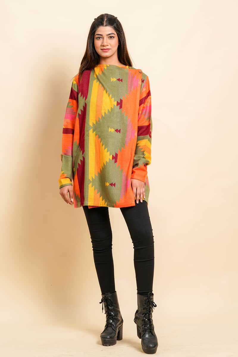"Brand - Tamsy  Material - Jacquard Item - jacket Size  :one size Missy  Color - Orange and olive" image number 0
