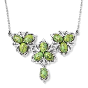 Green Howlite Floral Necklace 18 Inches in Platinum Over Bronze and Stainless Steel 8.25 ctw
