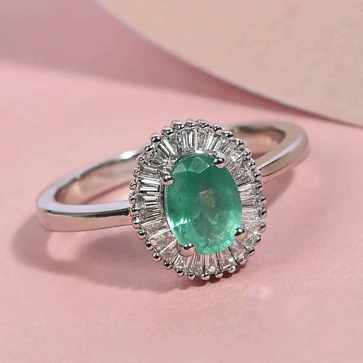 Rhapsody 950 Platinum AAAA Ethiopian Emerald and E-F VS Diamond Halo Ring (Size 6.0) 4 Grams 0.90 ctw image number 1