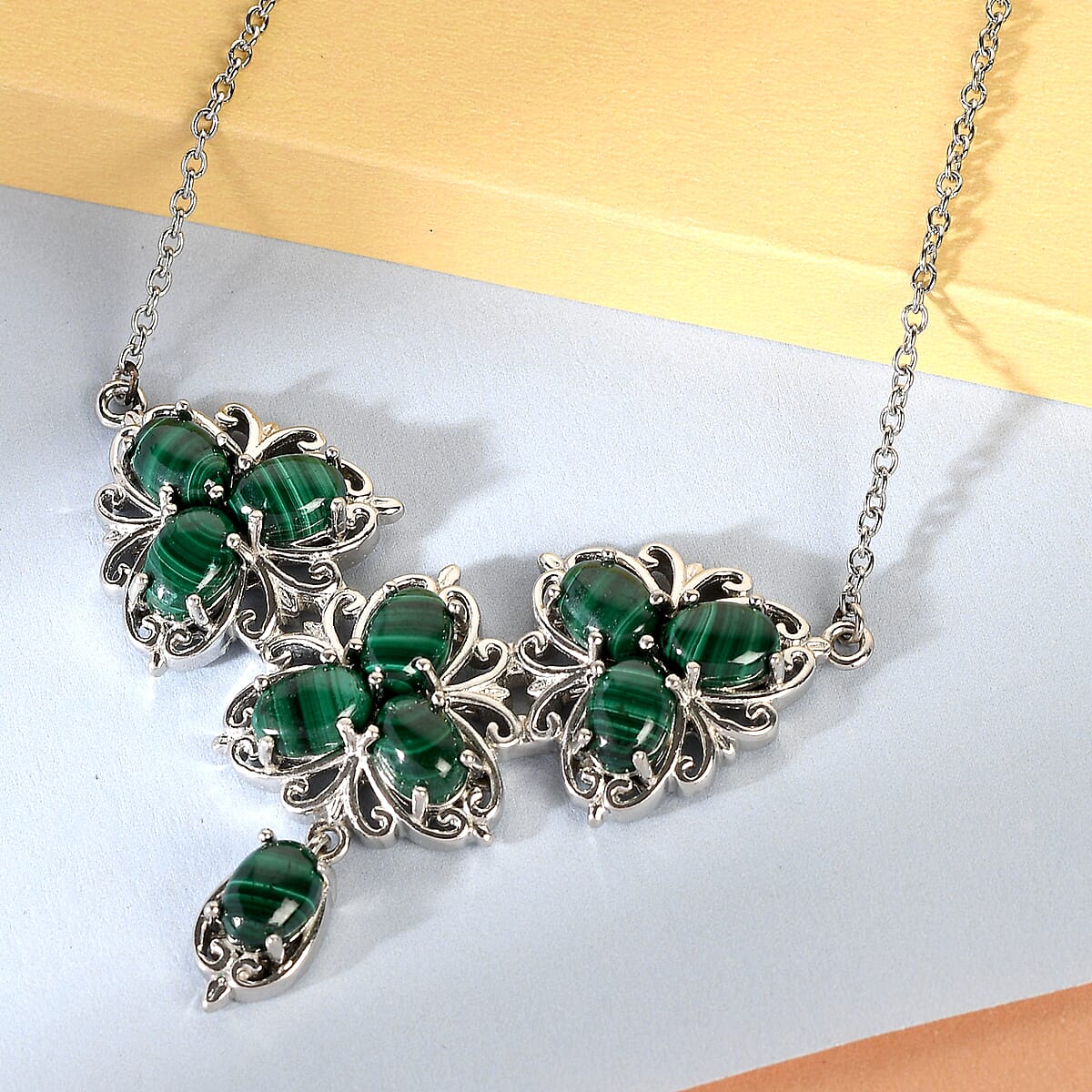 African Malachite Floral Necklace 18 Inches in Platinum Over Bronze and Stainless Steel 11.35 ctw image number 1