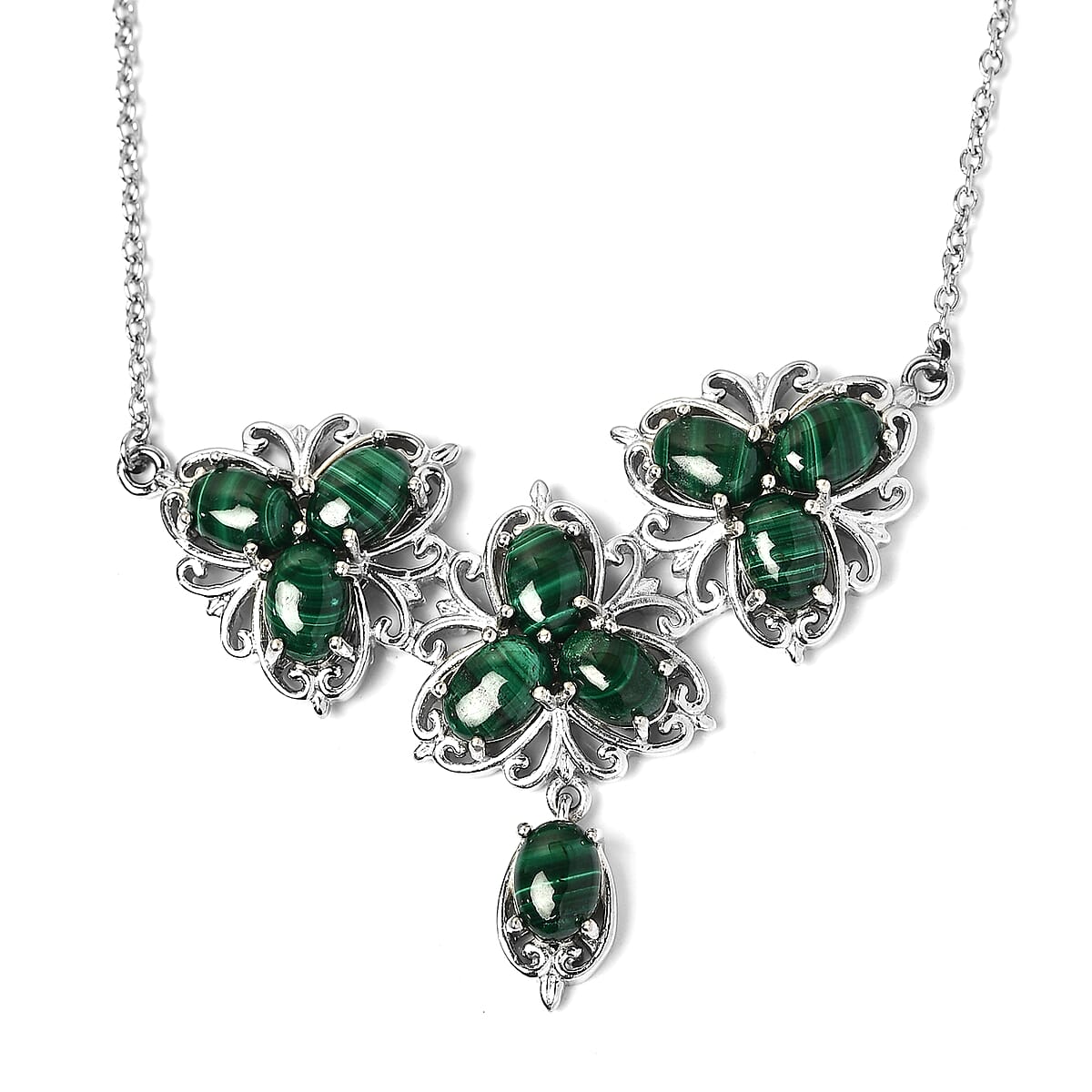 African Malachite Floral Necklace 18 Inches in Platinum Over Bronze and Stainless Steel 11.35 ctw image number 3