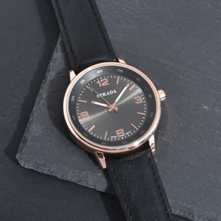 STRADA Japanese Movement Watch in Black Faux Leather Strap image number 1