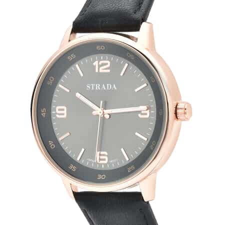 STRADA Japanese Movement Watch in Black Faux Leather Strap image number 3