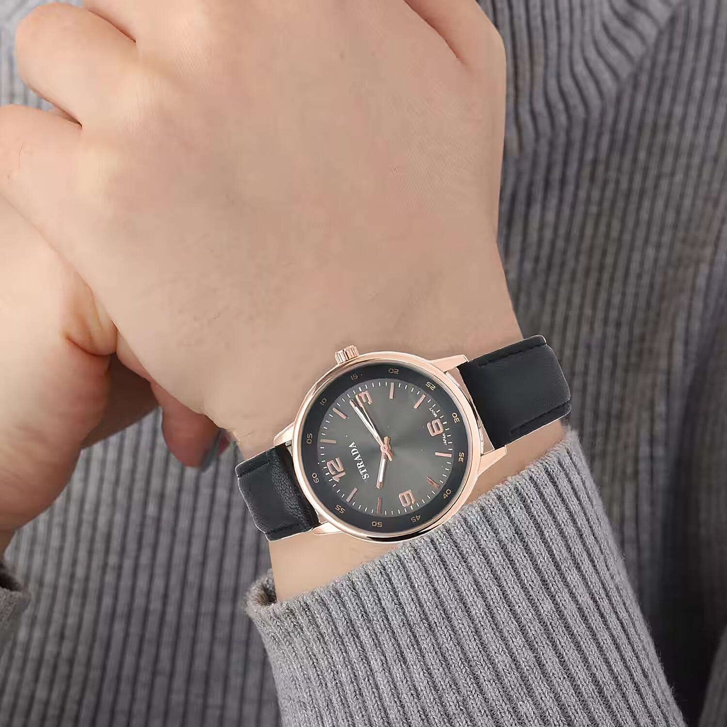 Strada Japanese Movement Watch in Black Faux Leather Strap