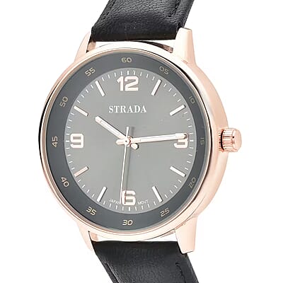 Strada Japanese Movement Watch in Black Faux Leather Strap