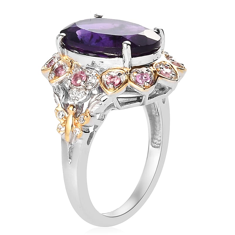 GP Italian Garden Collection Lusaka Amethyst and Multi Gemstone Ring in Vermeil Yellow Gold and Platinum Over Sterling Silver (Size 6.0) 5.65 ctw