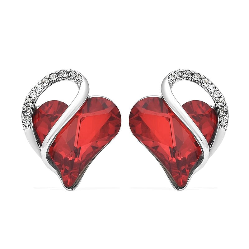 Red and White Austrian Crystal Heart Earrings in Silvertone