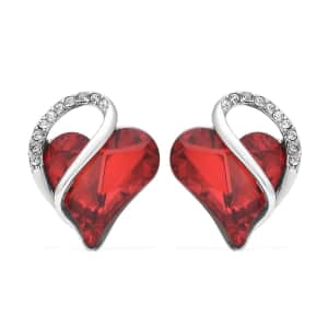 Red and White Austrian Crystal Heart Earrings in Silvertone