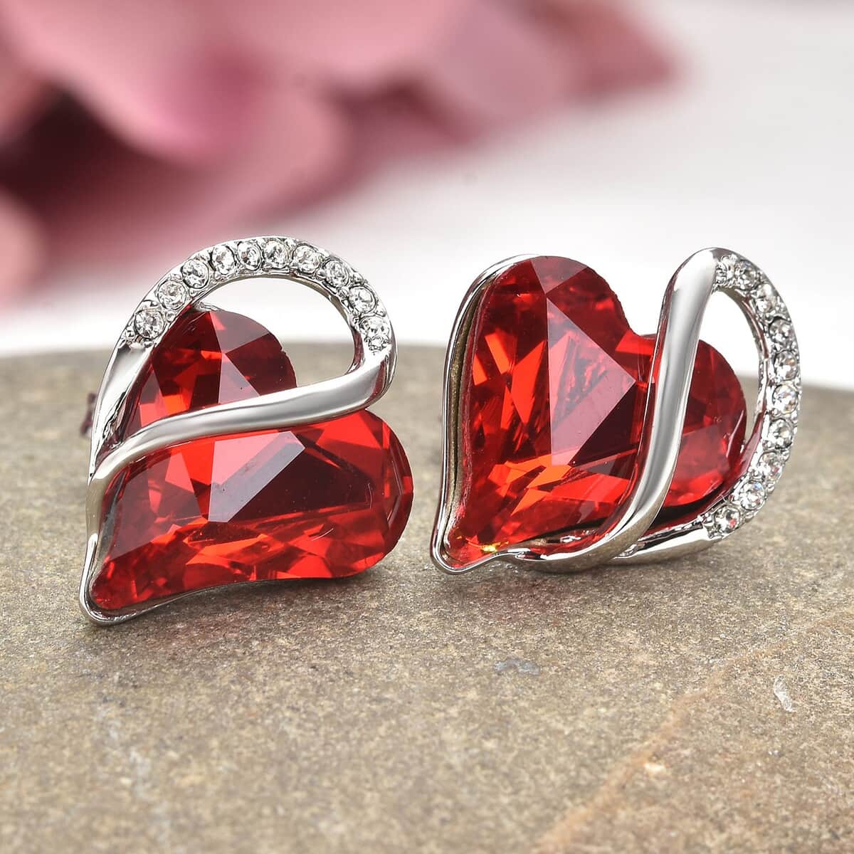 Red and White Austrian Crystal Heart Earrings in Silvertone image number 1
