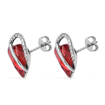 Red and White Austrian Crystal Heart Earrings in Silvertone