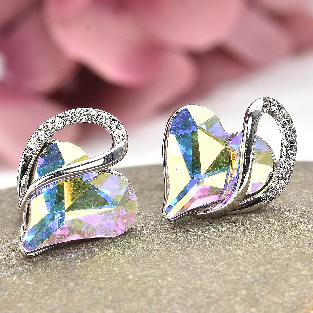 Mystic and White Austrian Crystal Heart Earrings in Silvertone image number 1