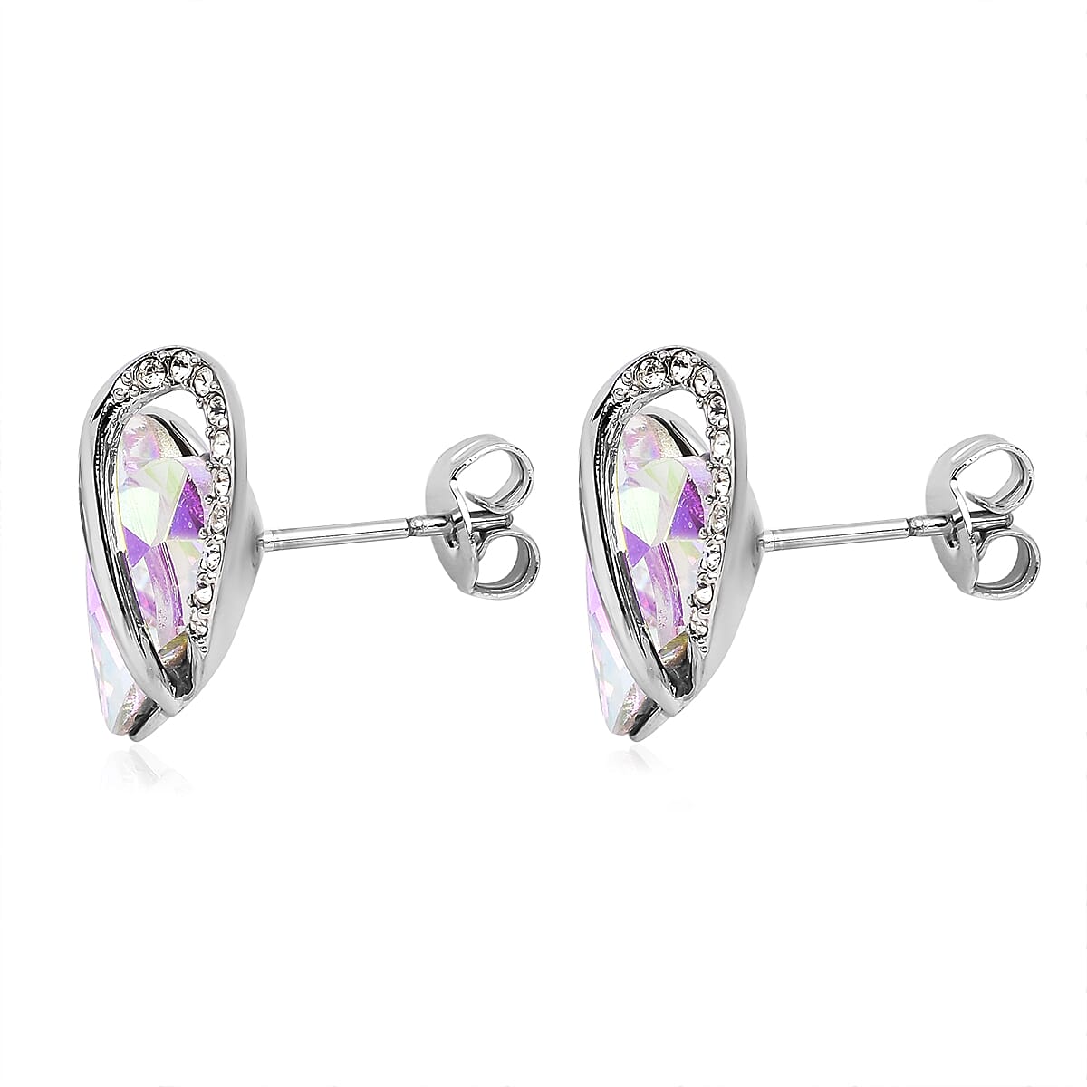 Mystic and White Austrian Crystal Heart Earrings in Silvertone image number 3