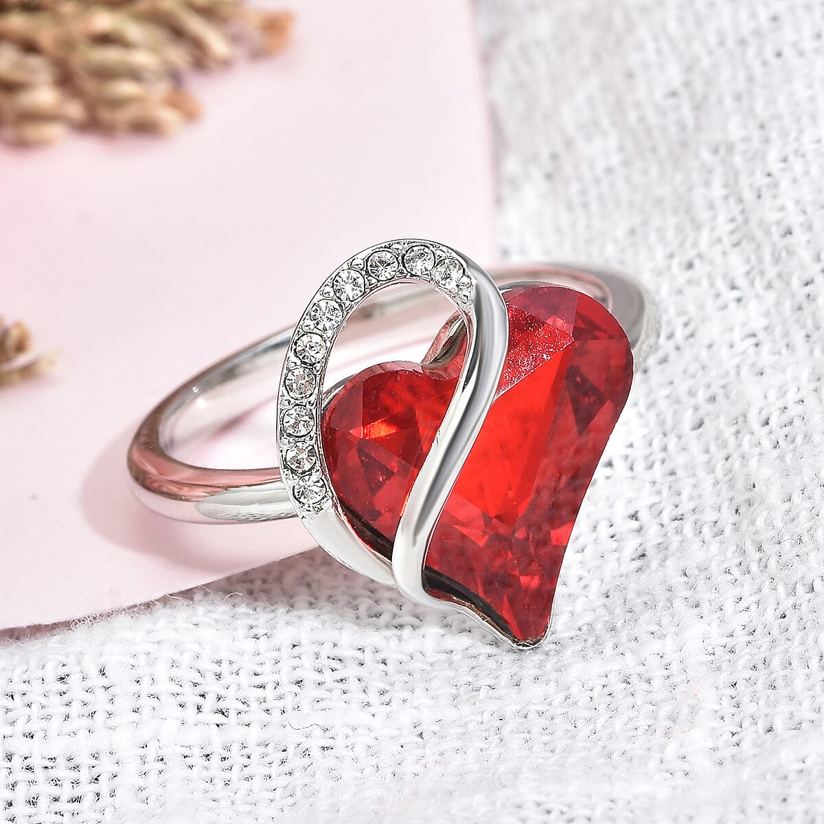 Red and White Austrian Crystal Heart Ring in Silvertone image number 1
