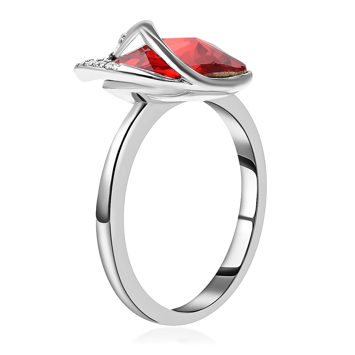 Red and White Austrian Crystal Heart Ring in Silvertone image number 3