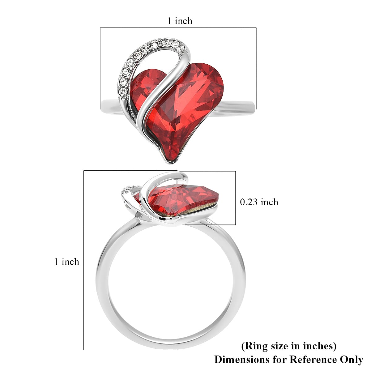 Red and White Austrian Crystal Heart Ring in Silvertone image number 5