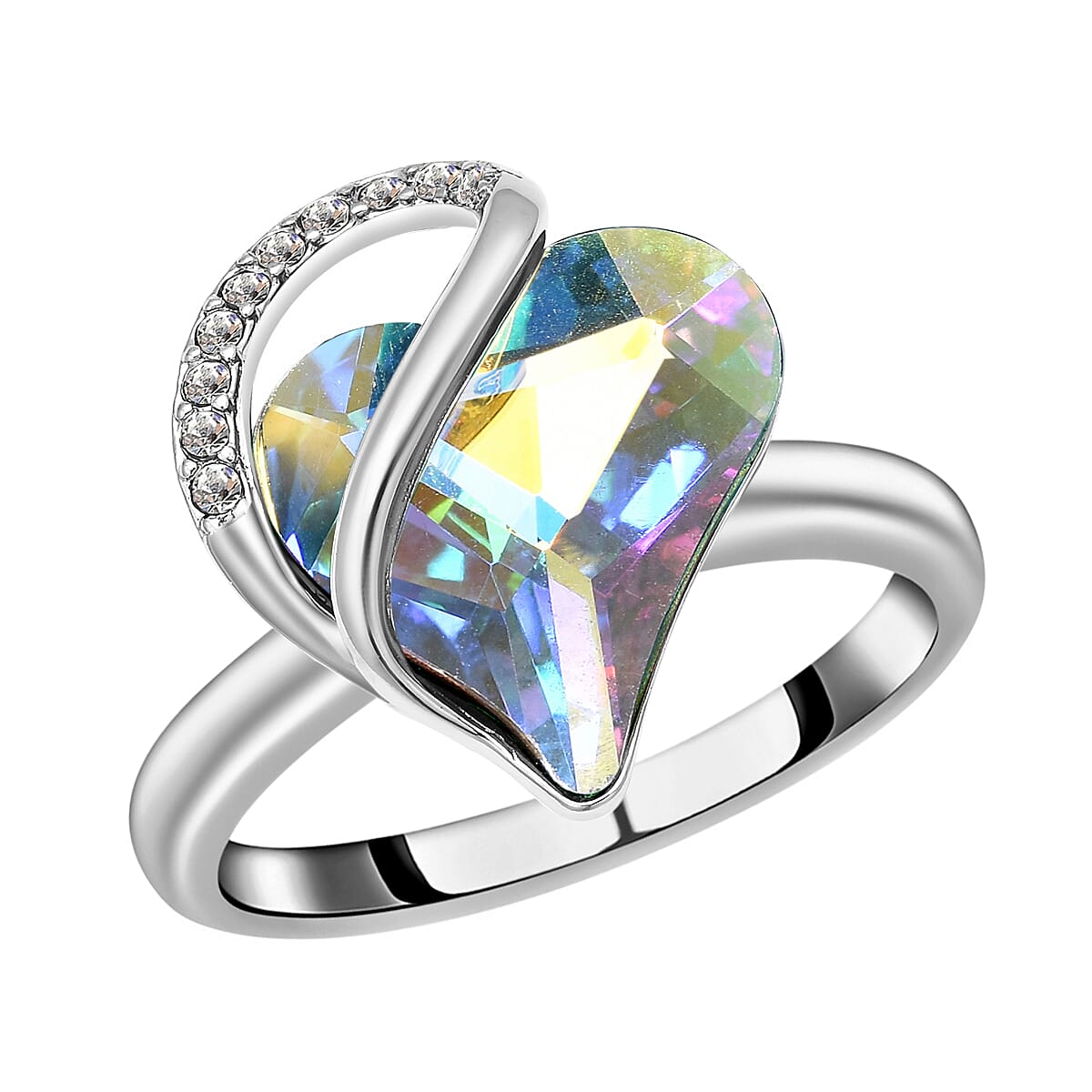 Mystic Color and White Austrian Crystal Heart Ring in Silvertone (Size 7.0) image number 0