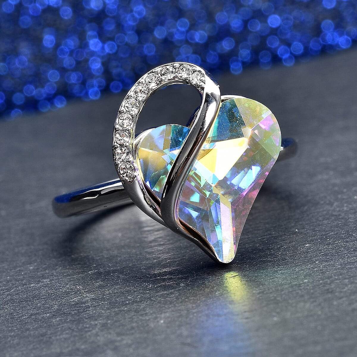 Mystic Color and White Austrian Crystal Heart Ring in Silvertone (Size 7.0) image number 1